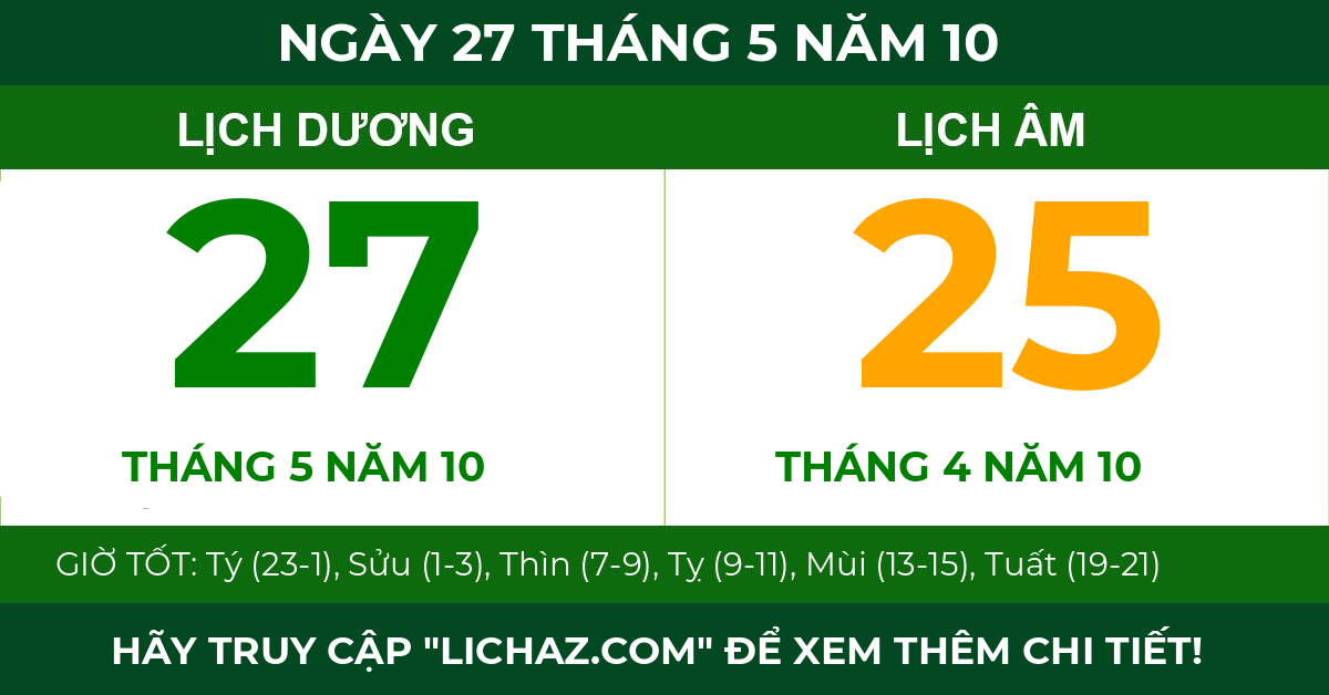 lịch âm ngày 27 tháng 5 năm 10