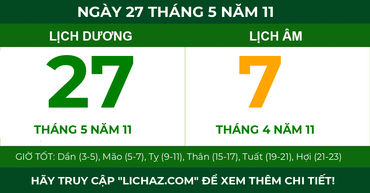 lịch âm ngày 27 tháng 5 năm 11