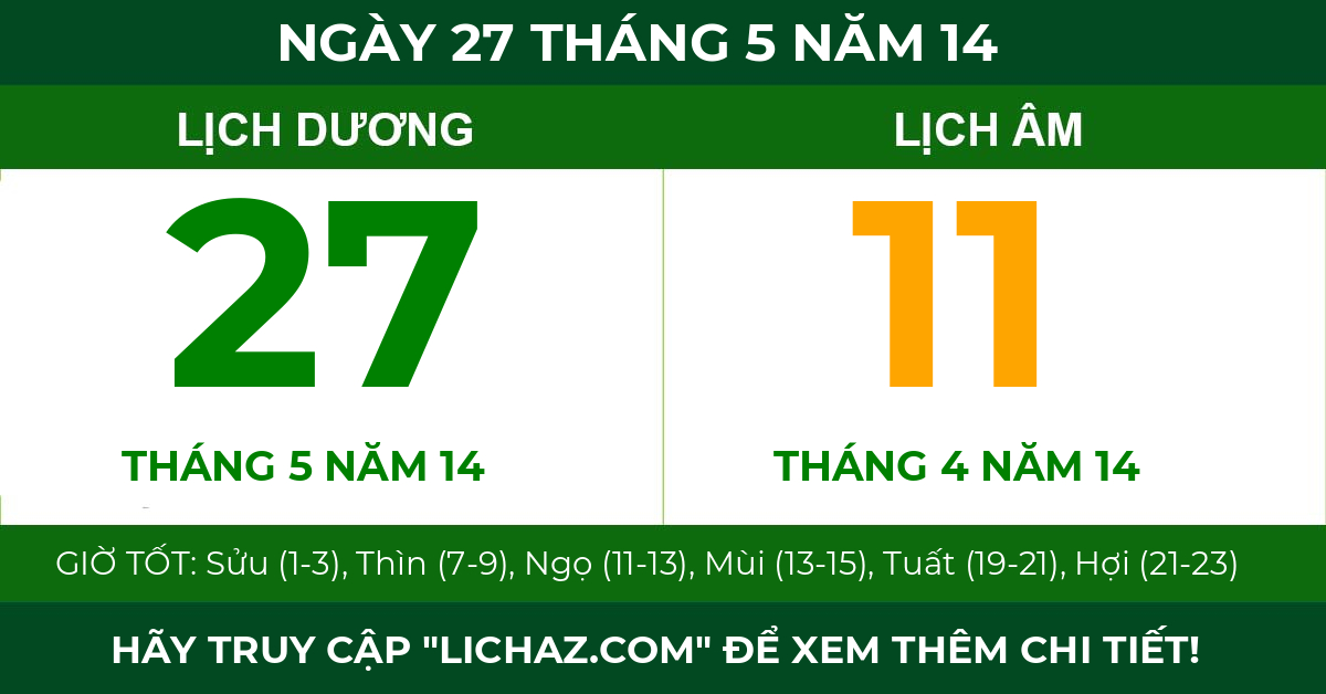 lịch âm ngày 27 tháng 5 năm 14