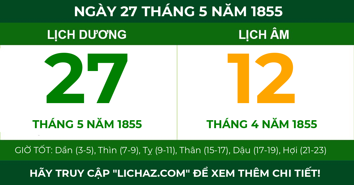 lịch âm ngày 27 tháng 5 năm 1855