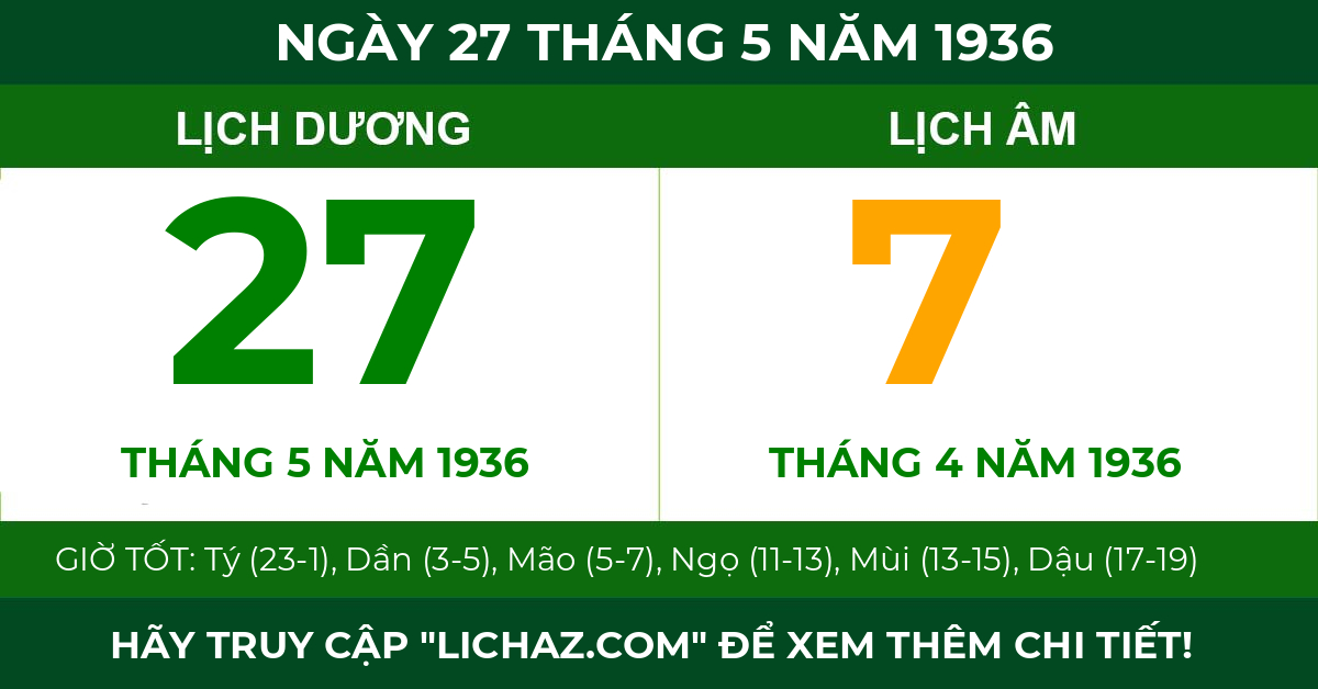 lịch âm ngày 27 tháng 5 năm 1936