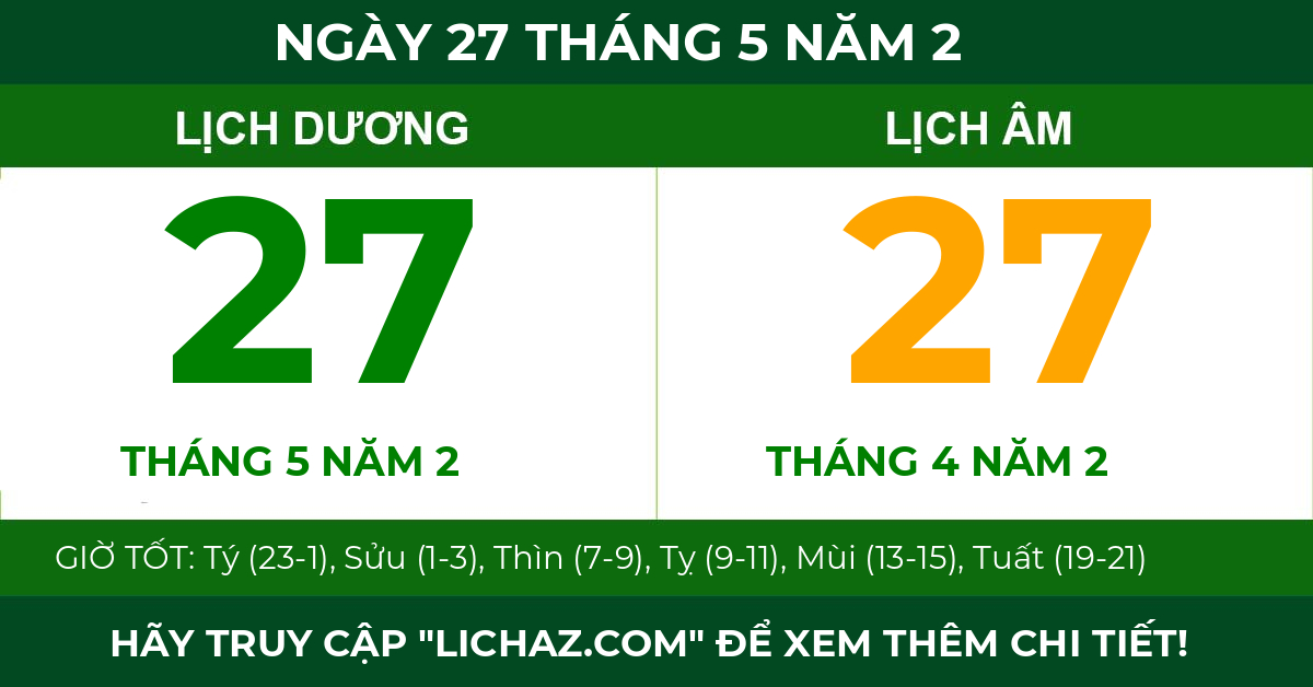 lịch âm ngày 27 tháng 5 năm 2