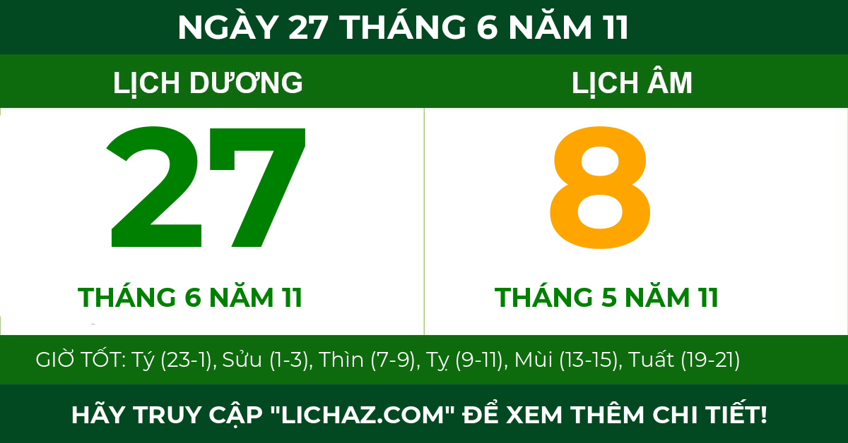 lịch âm ngày 27 tháng 6 năm 11