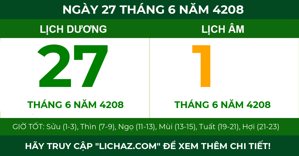 lịch âm ngày 27 tháng 6 năm 4208