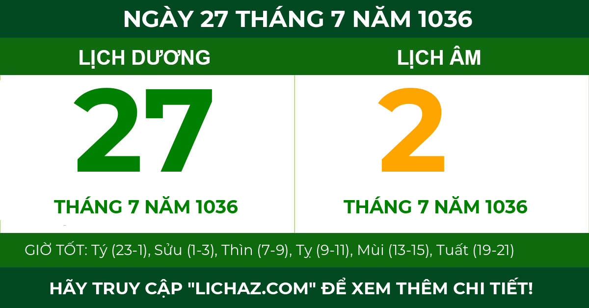 lịch âm ngày 27 tháng 7 năm 1036