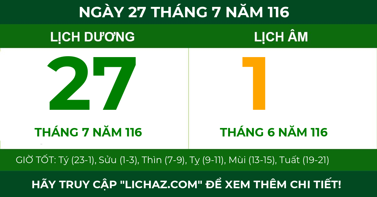 lịch âm ngày 27 tháng 7 năm 116