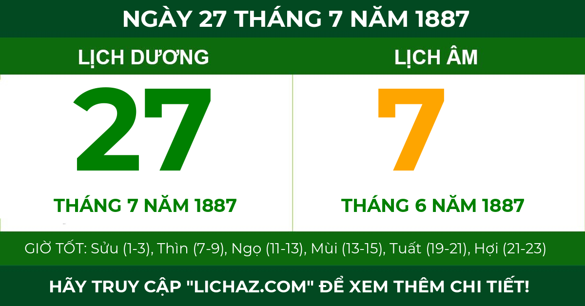 lịch âm ngày 27 tháng 7 năm 1887