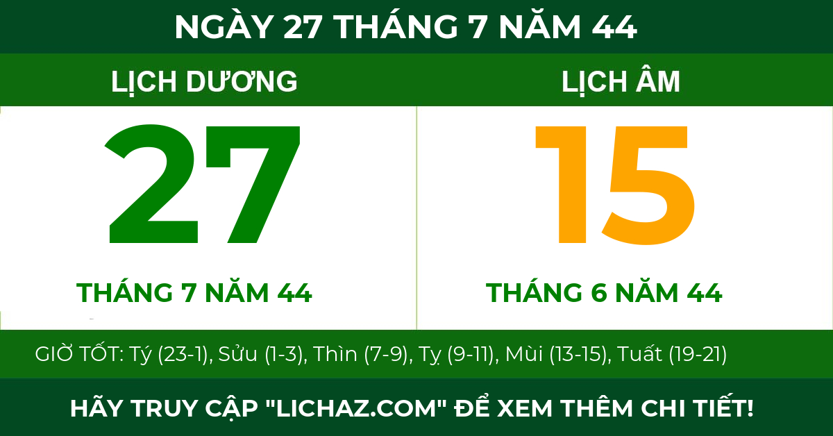 lịch âm ngày 27 tháng 7 năm 44
