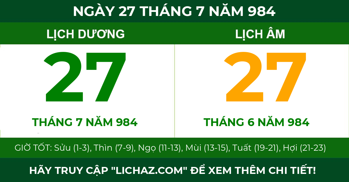lịch âm ngày 27 tháng 7 năm 984