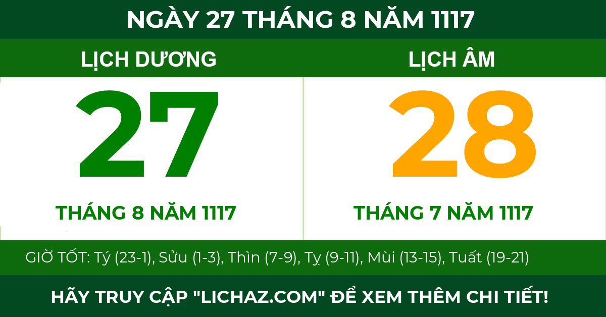 lịch âm ngày 27 tháng 8 năm 1117