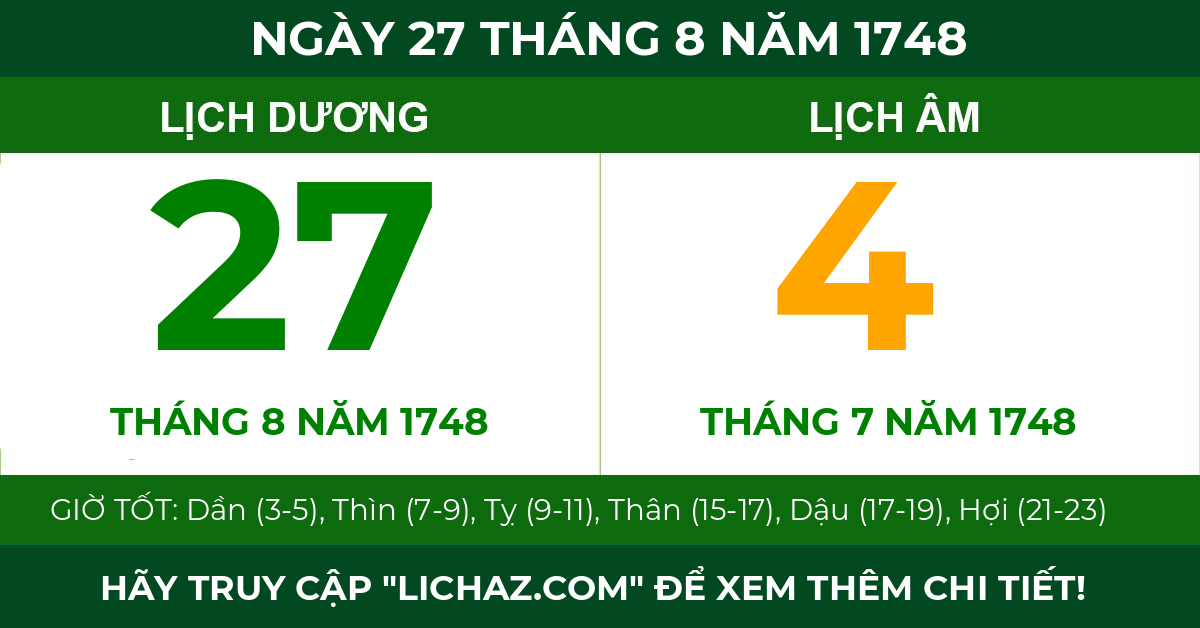 lịch âm ngày 27 tháng 8 năm 1748