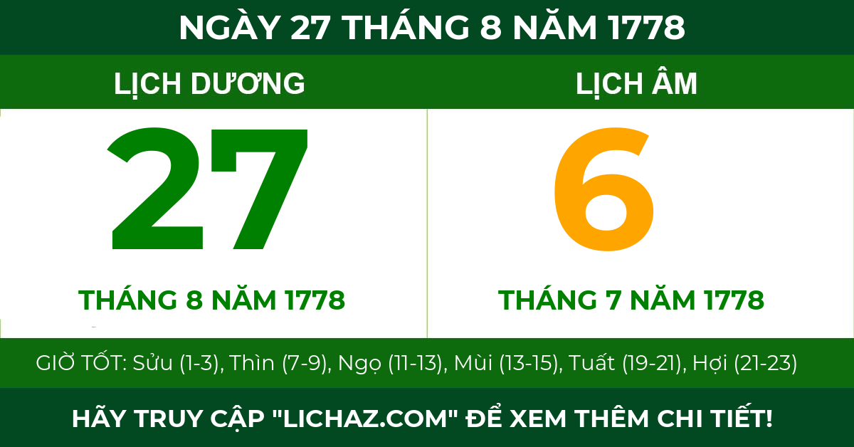 lịch âm ngày 27 tháng 8 năm 1778