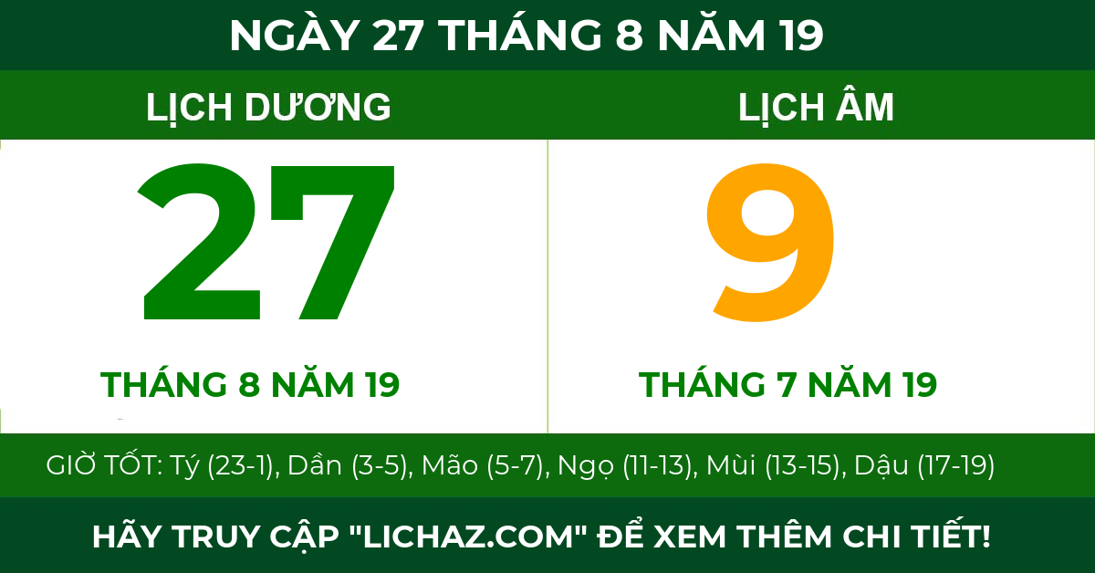 lịch âm ngày 27 tháng 8 năm 19