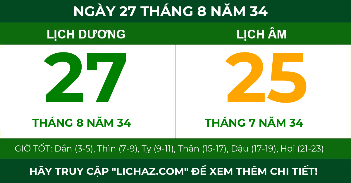 lịch âm ngày 27 tháng 8 năm 34