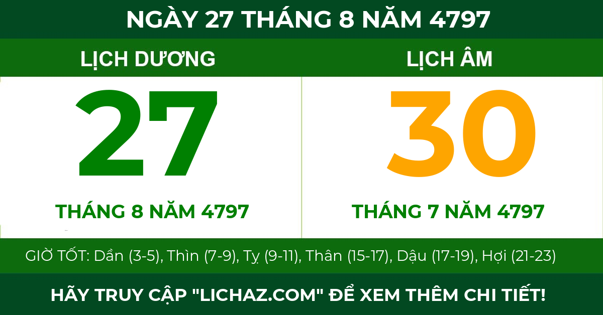 lịch âm ngày 27 tháng 8 năm 4797