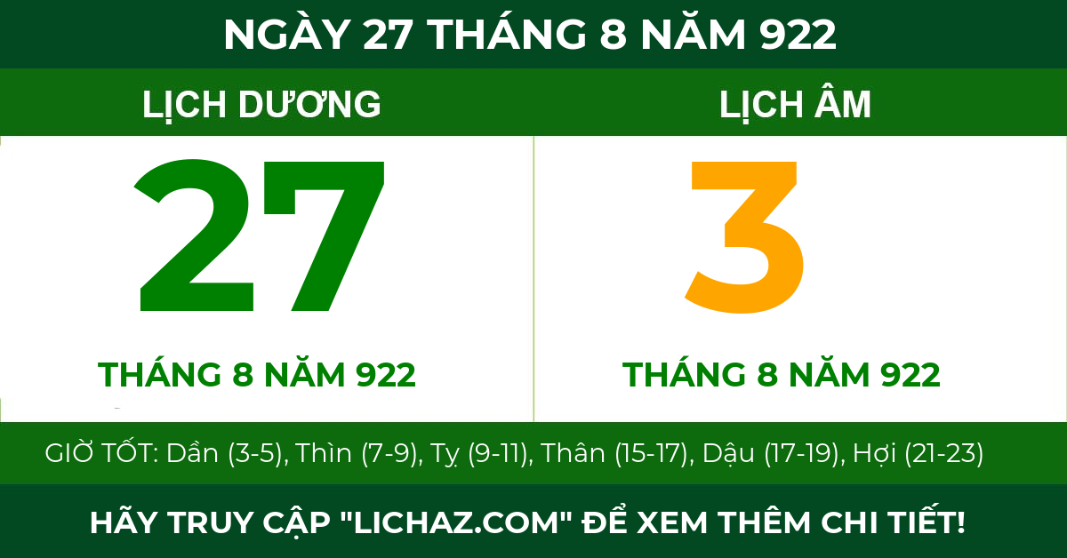 lịch âm ngày 27 tháng 8 năm 922