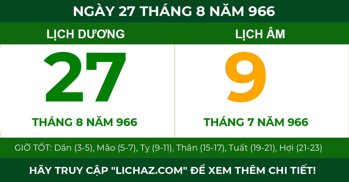 lịch âm ngày 27 tháng 8 năm 966