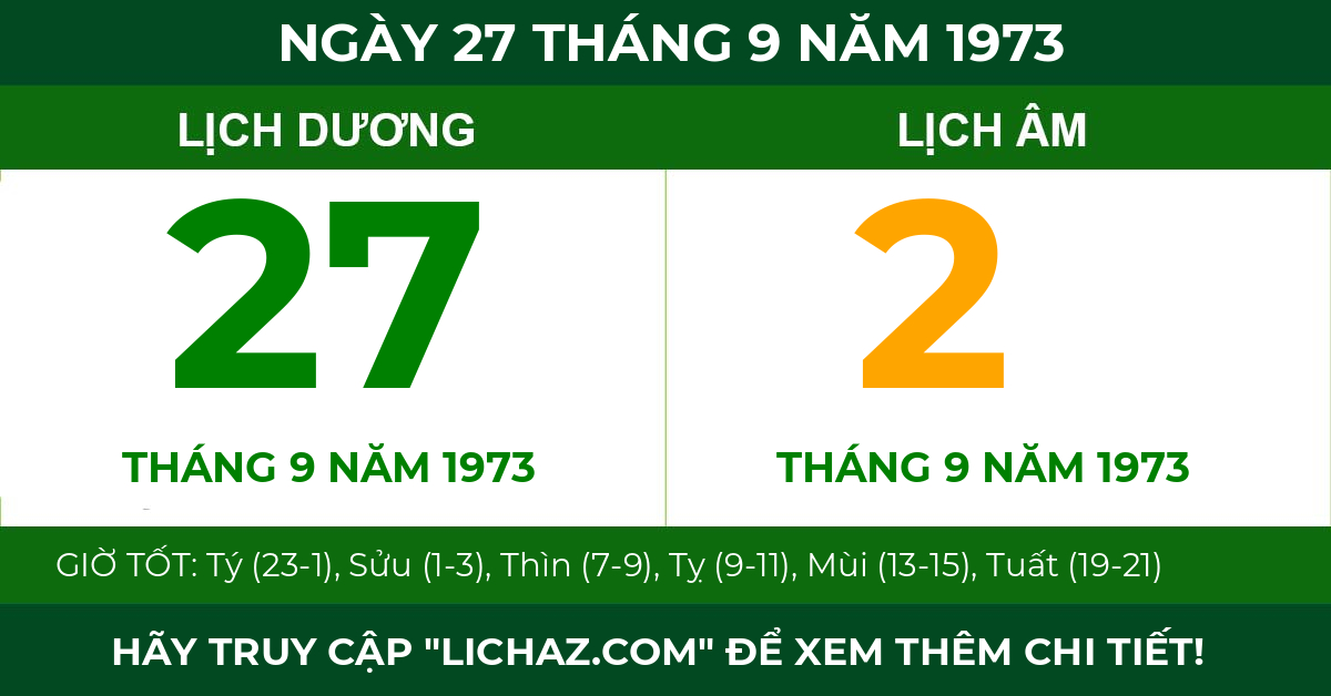 lịch âm ngày 27 tháng 9 năm 1973