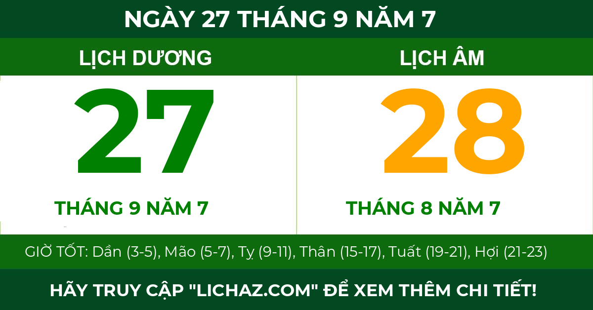 lịch âm ngày 27 tháng 9 năm 7