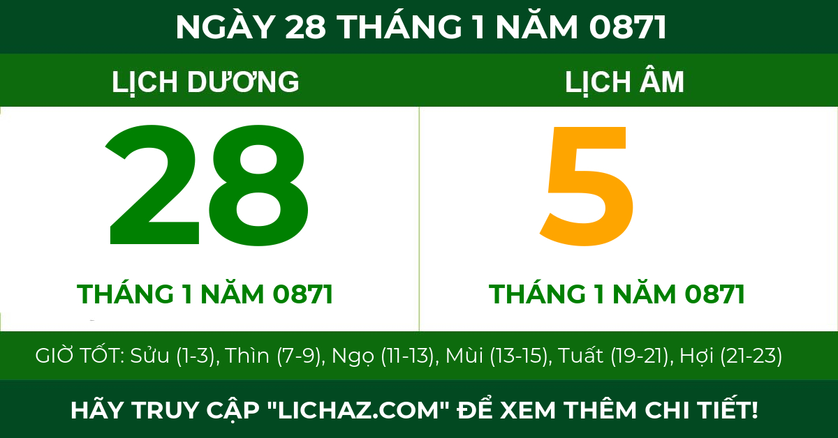 lịch âm ngày 28 tháng 1 năm 0871