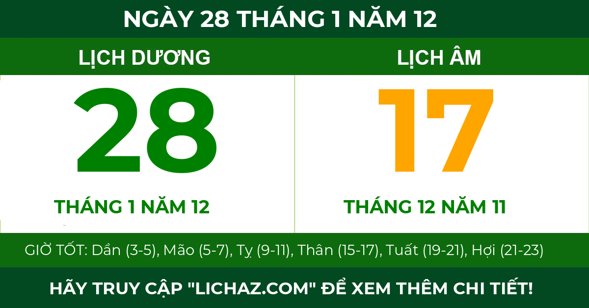 lịch âm ngày 28 tháng 1 năm 12