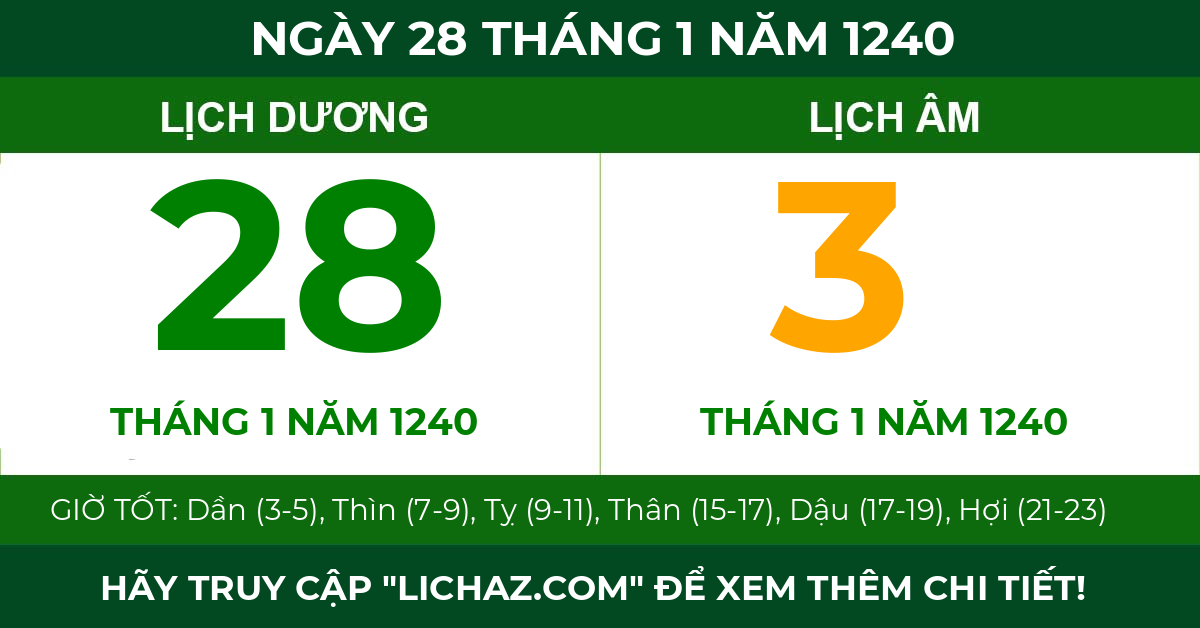 lịch âm ngày 28 tháng 1 năm 1240