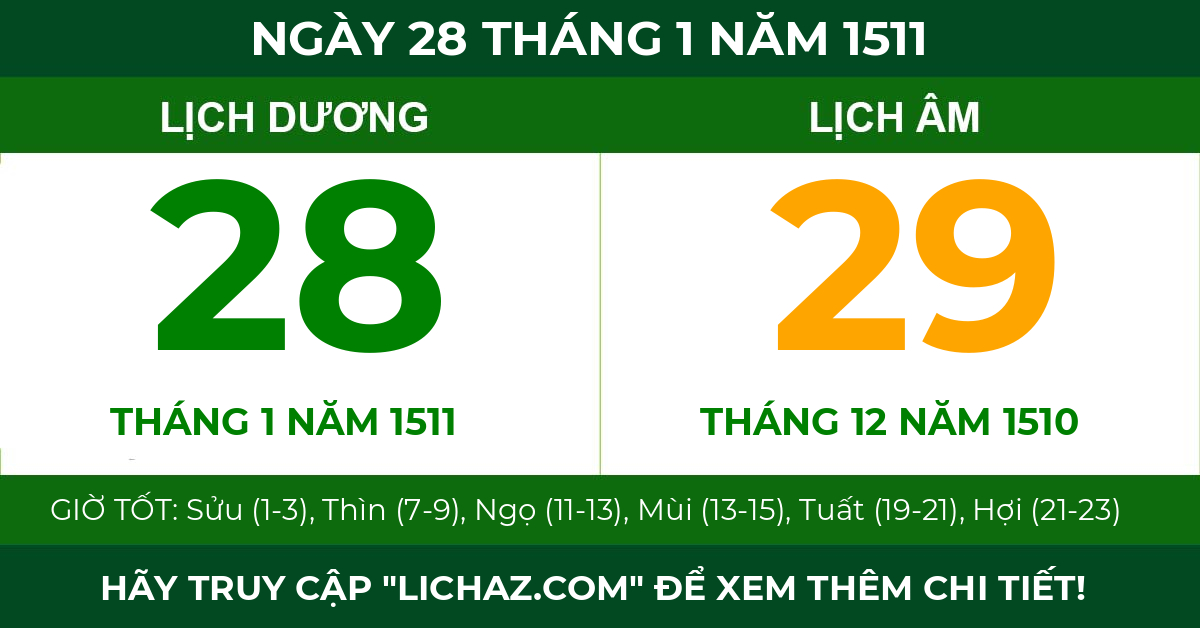lịch âm ngày 28 tháng 1 năm 1511