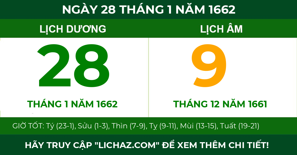 lịch âm ngày 28 tháng 1 năm 1662