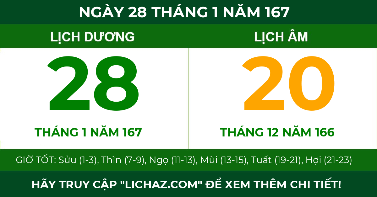 lịch âm ngày 28 tháng 1 năm 167