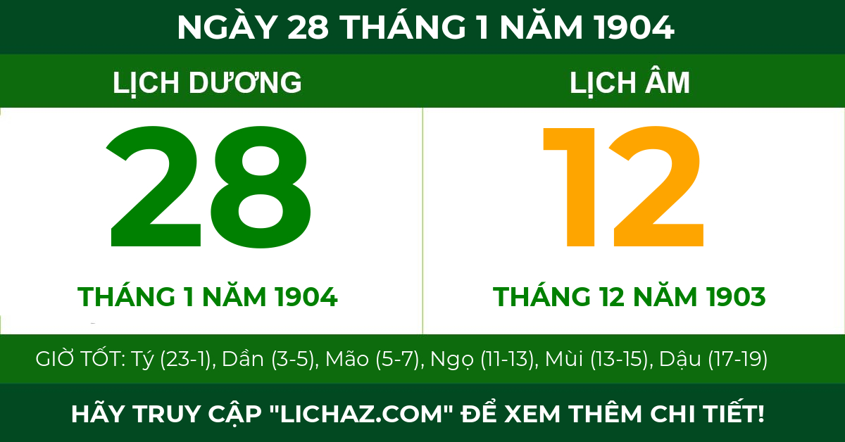 lịch âm ngày 28 tháng 1 năm 1904