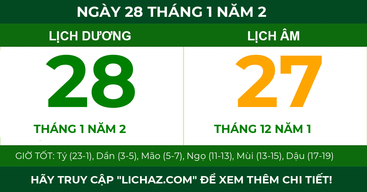 lịch âm ngày 28 tháng 1 năm 2