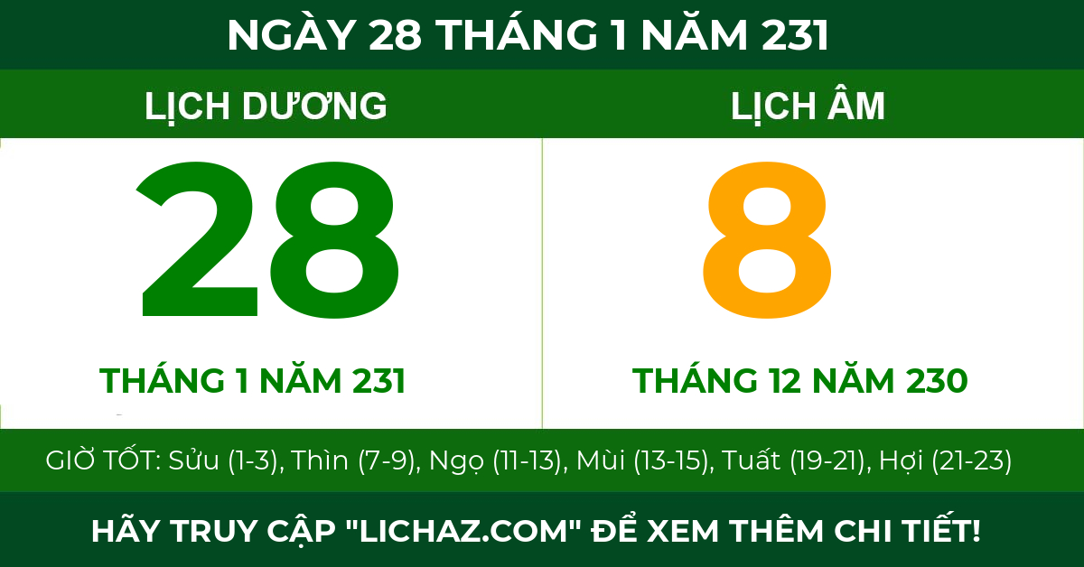 lịch âm ngày 28 tháng 1 năm 231