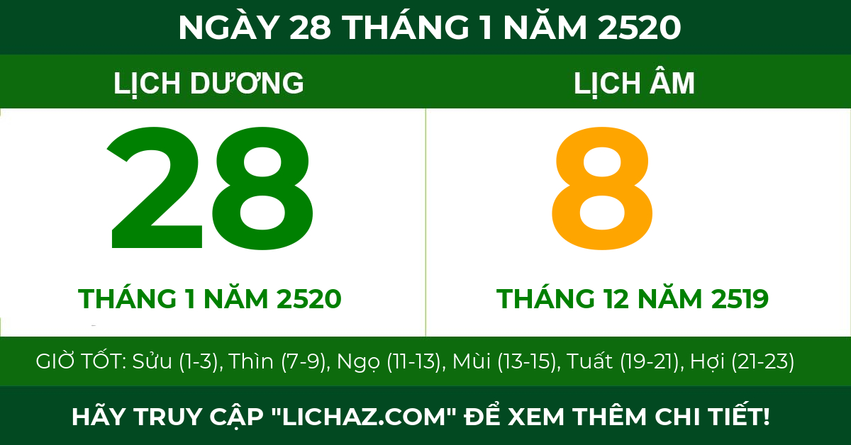 lịch âm ngày 28 tháng 1 năm 2520
