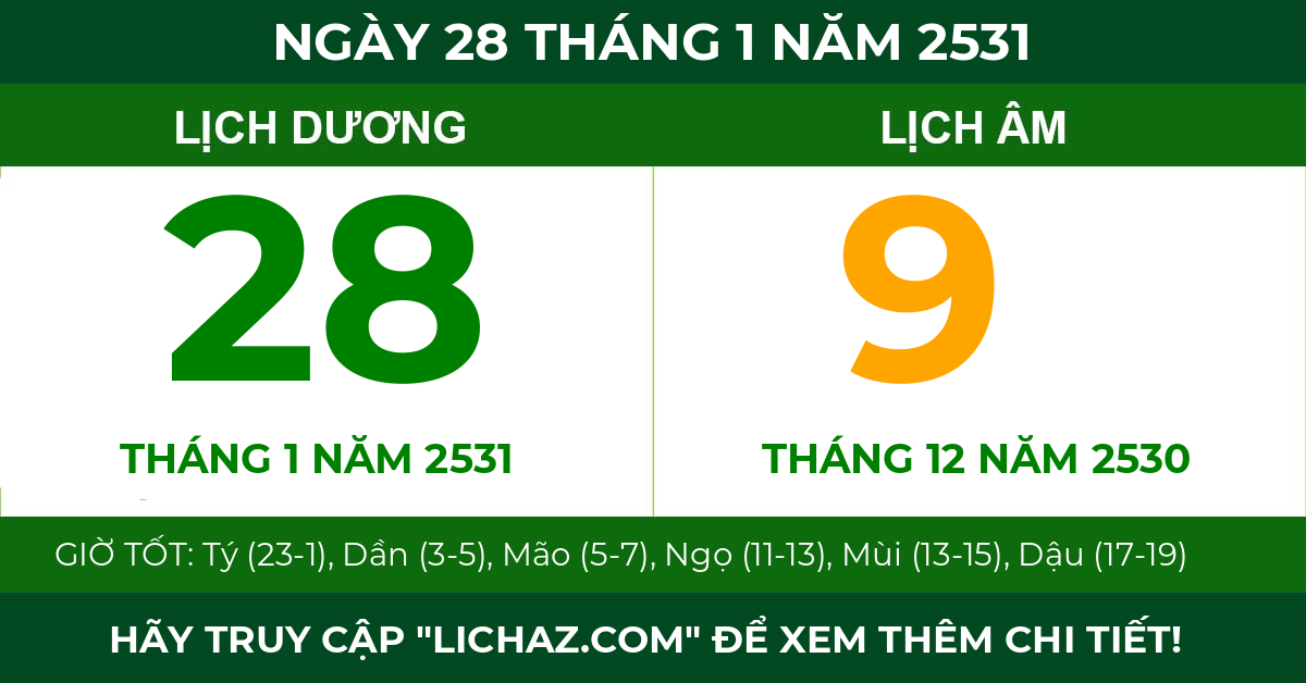 lịch âm ngày 28 tháng 1 năm 2531