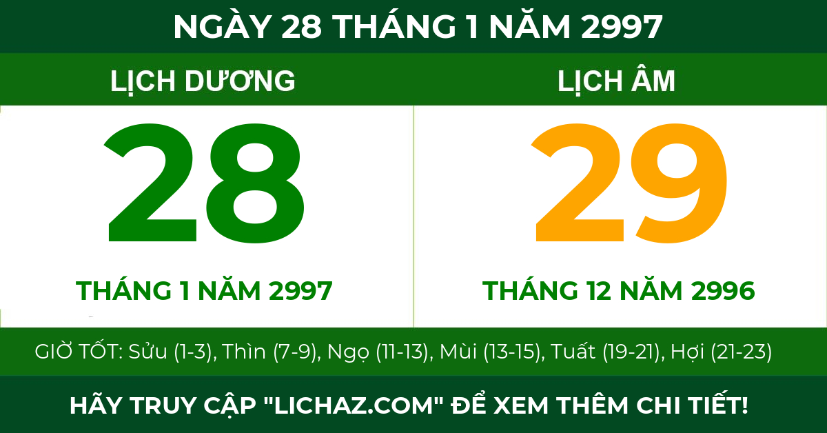 lịch âm ngày 28 tháng 1 năm 2997