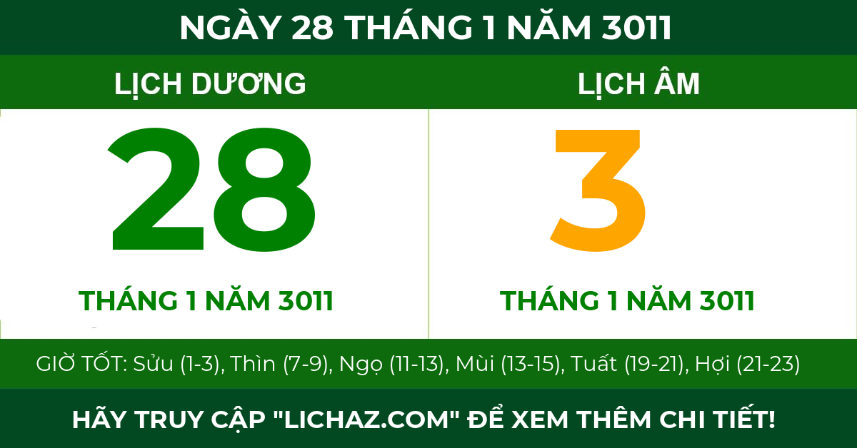 lịch âm ngày 28 tháng 1 năm 3011