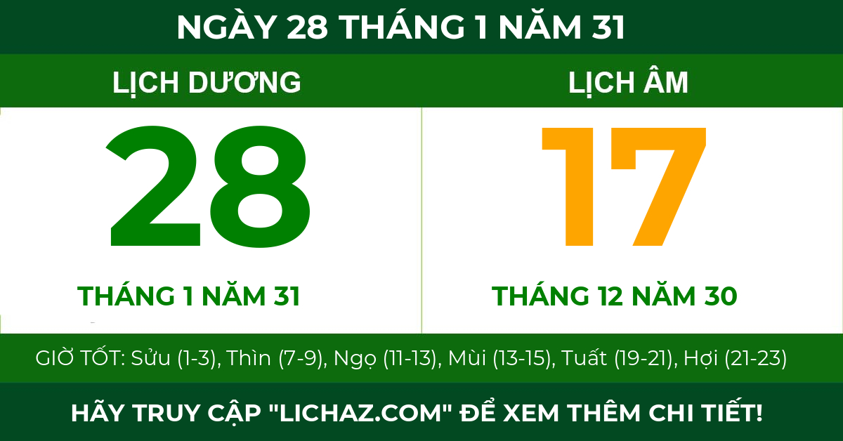 lịch âm ngày 28 tháng 1 năm 31