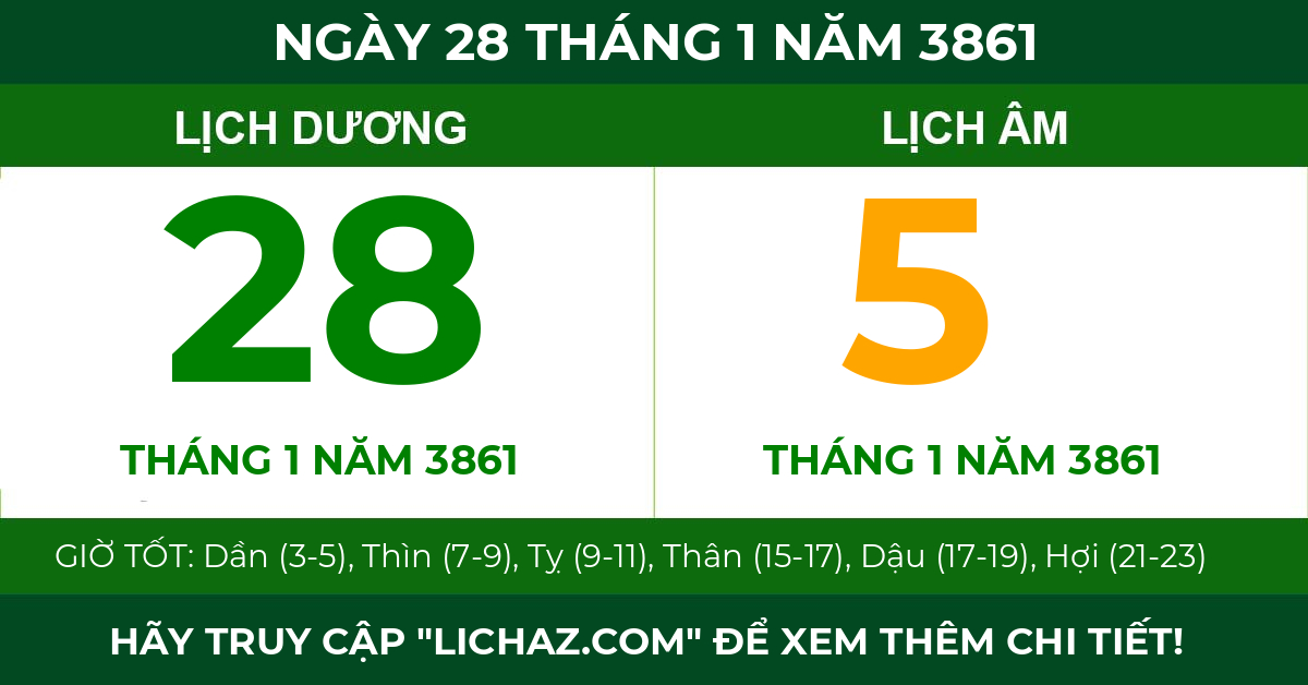 lịch âm ngày 28 tháng 1 năm 3861