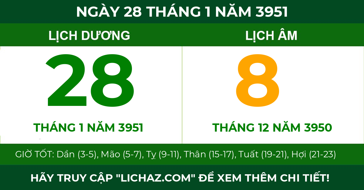 lịch âm ngày 28 tháng 1 năm 3951