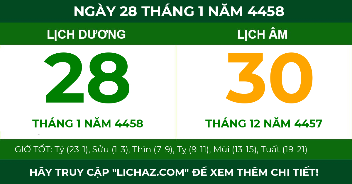 lịch âm ngày 28 tháng 1 năm 4458