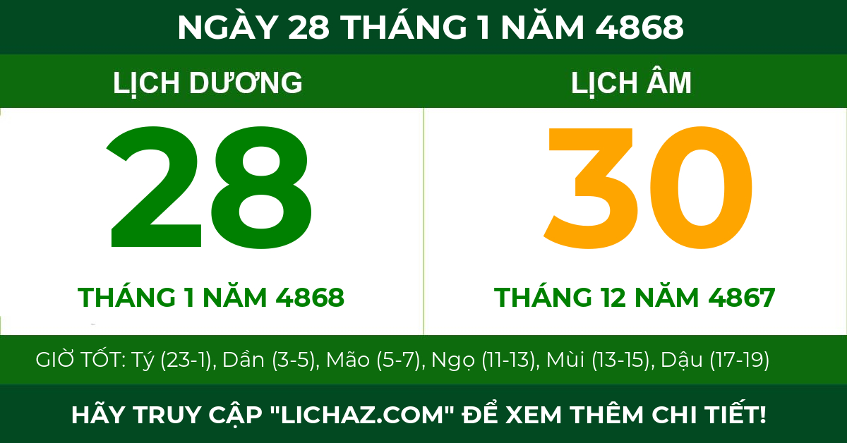lịch âm ngày 28 tháng 1 năm 4868