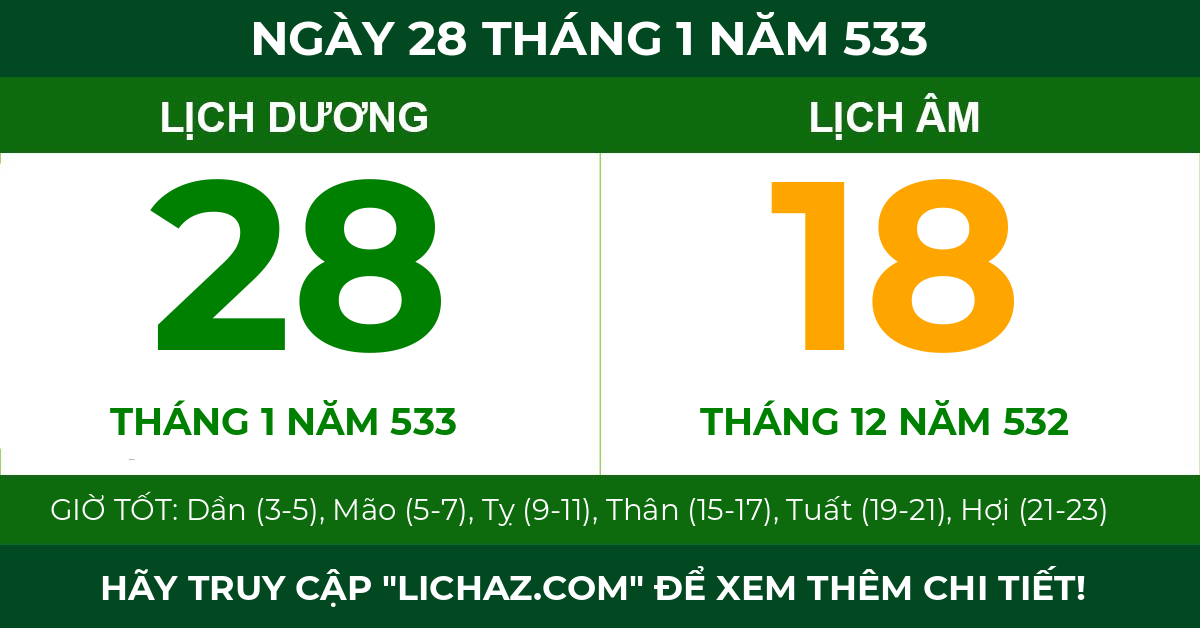 lịch âm ngày 28 tháng 1 năm 533