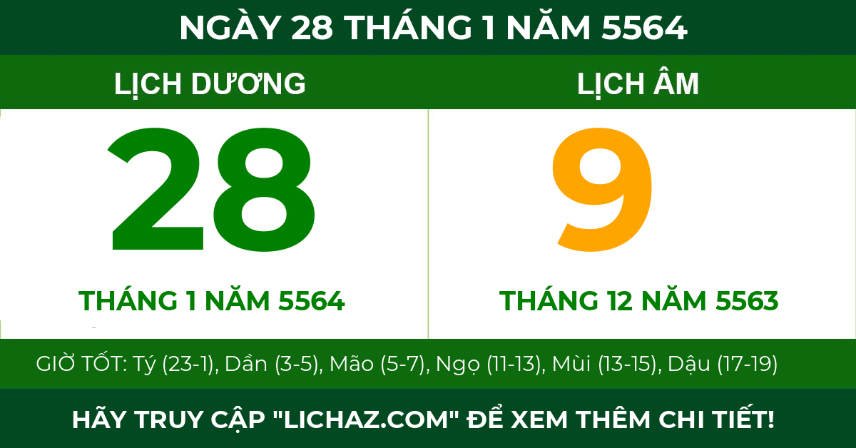 lịch âm ngày 28 tháng 1 năm 5564