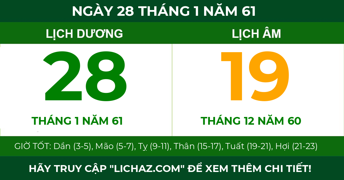 lịch âm ngày 28 tháng 1 năm 61