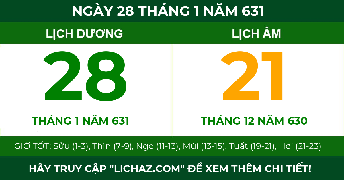 lịch âm ngày 28 tháng 1 năm 631
