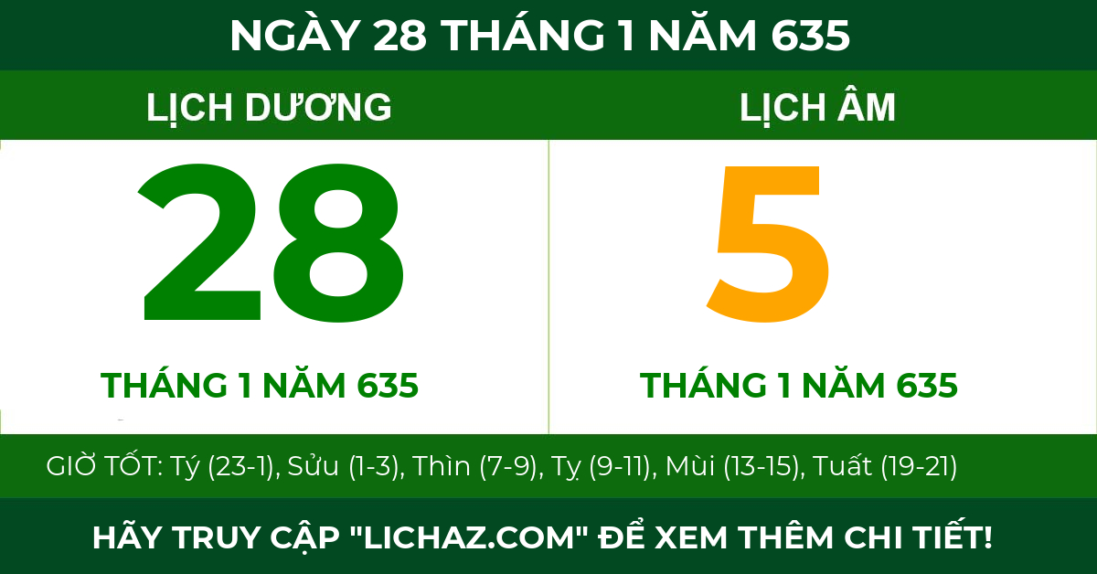 lịch âm ngày 28 tháng 1 năm 635