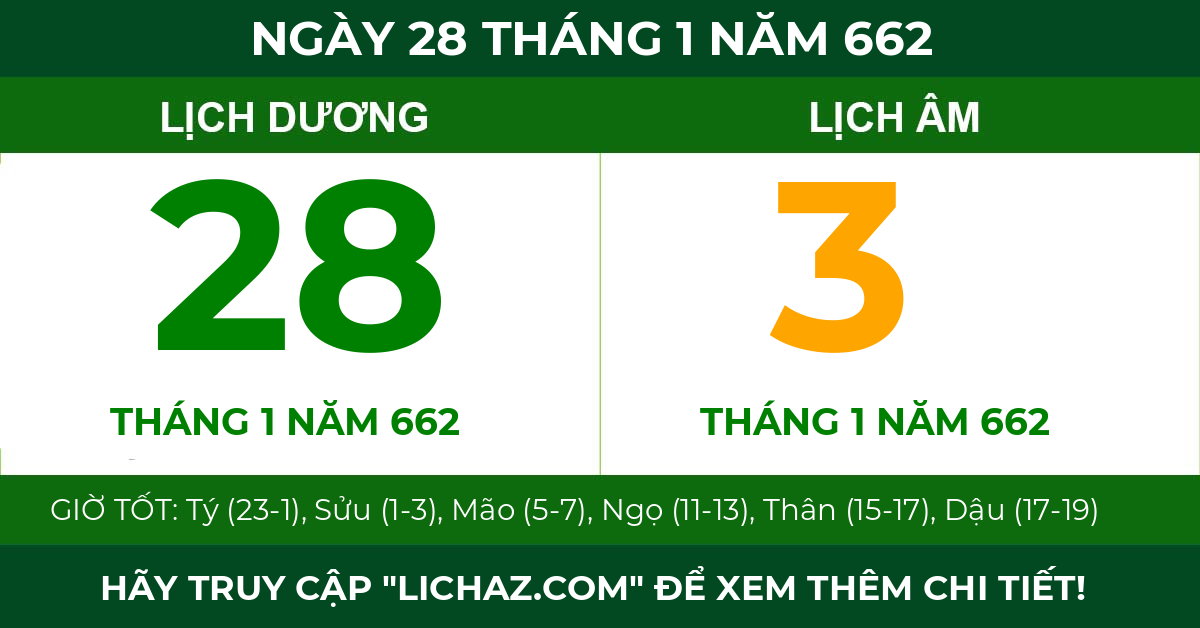 lịch âm ngày 28 tháng 1 năm 662