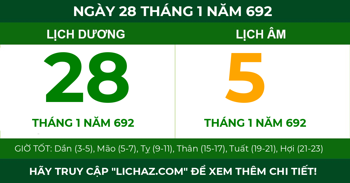 lịch âm ngày 28 tháng 1 năm 692
