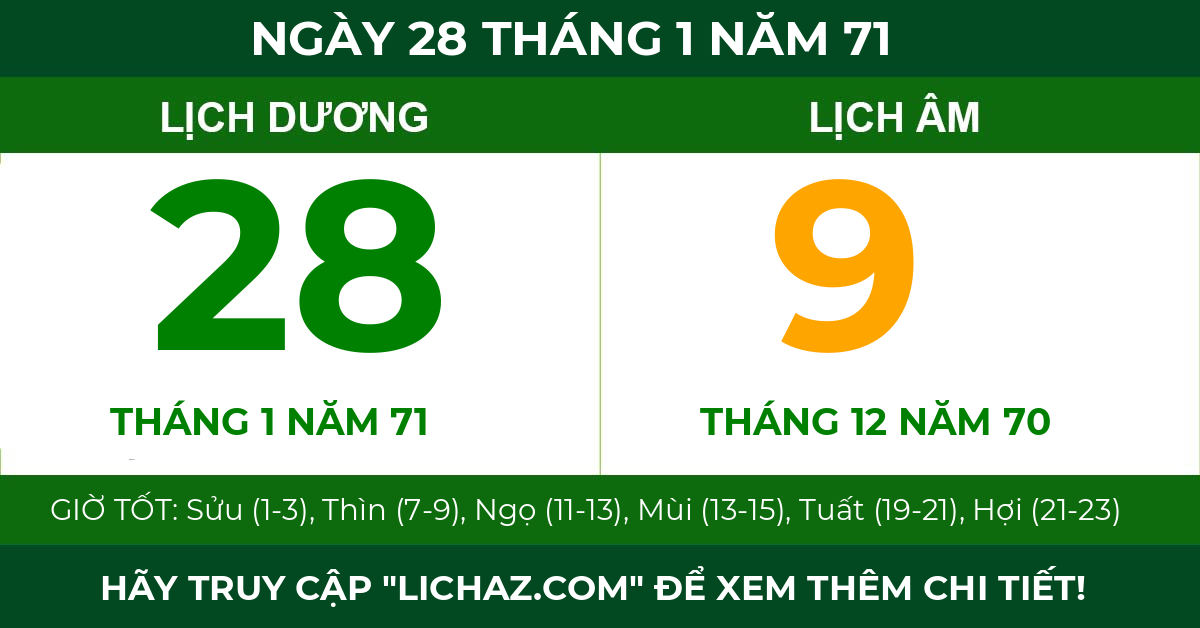 lịch âm ngày 28 tháng 1 năm 71