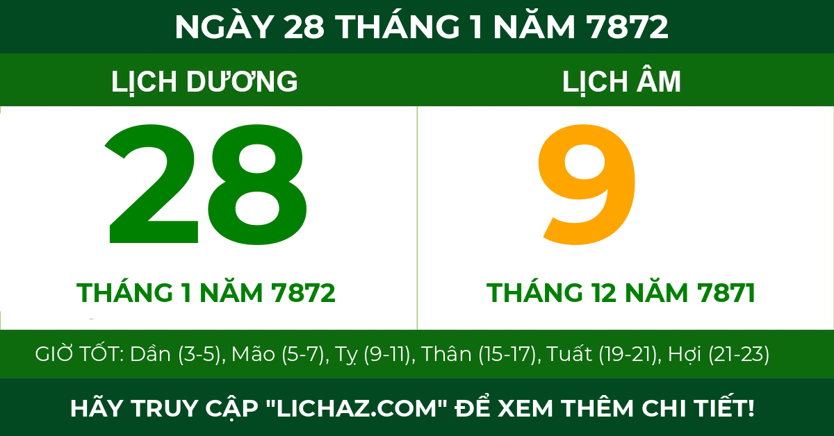 lịch âm ngày 28 tháng 1 năm 7872